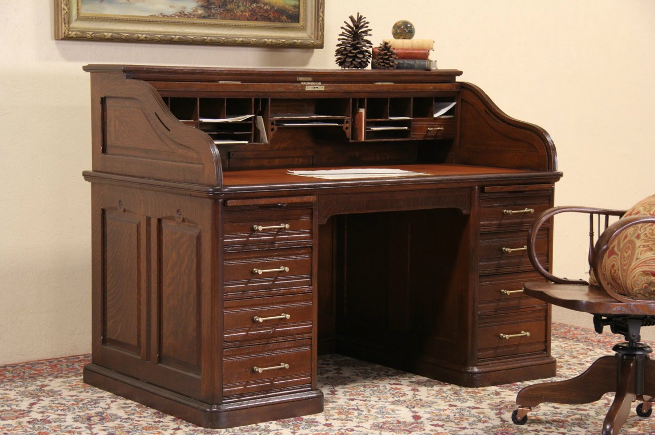 Oak Victorian Antique Roll Top Desk Raised Panels Leather Top