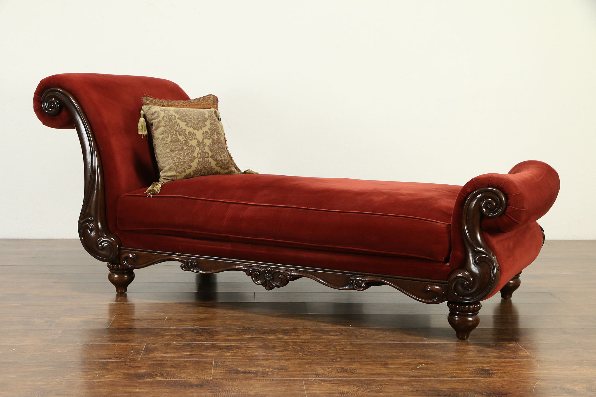 Carved Mahogany Vintage Velvet Day Bed Chaise or Fainting Couch