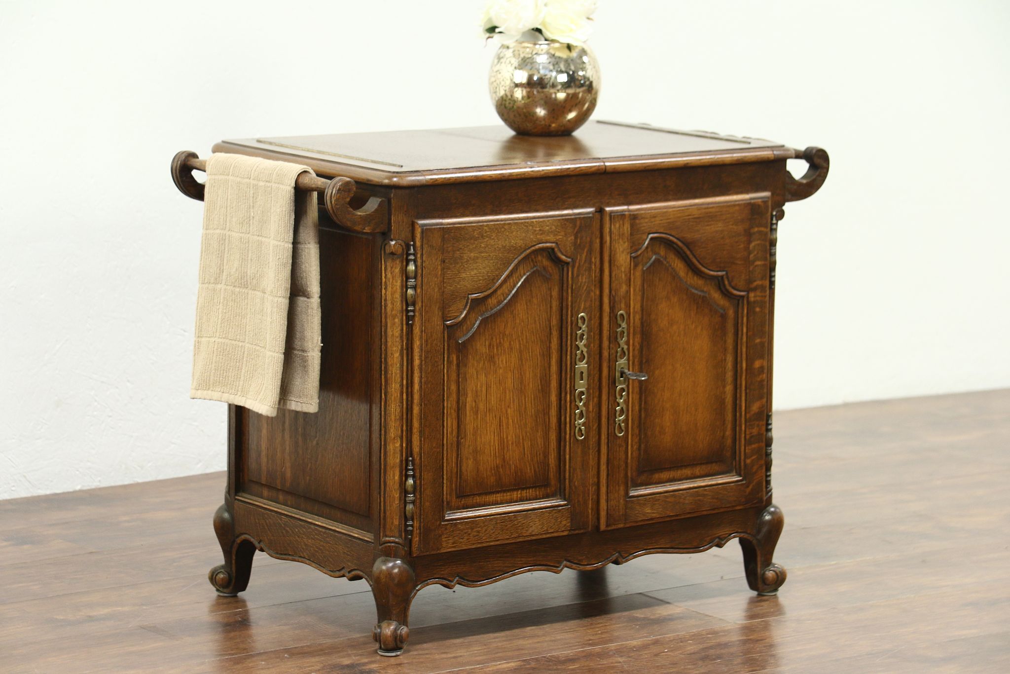 Sold Oak Carved Antique Flip Top Bar Cabinet Raised Panels
