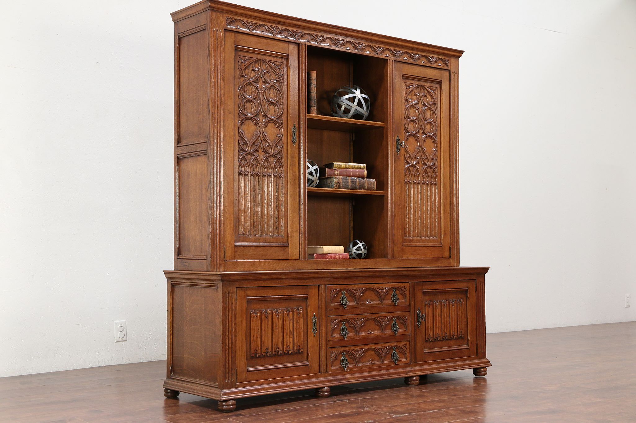 Sold Dutch Gothic Carved Oak Antique Oak Bookcase Or China