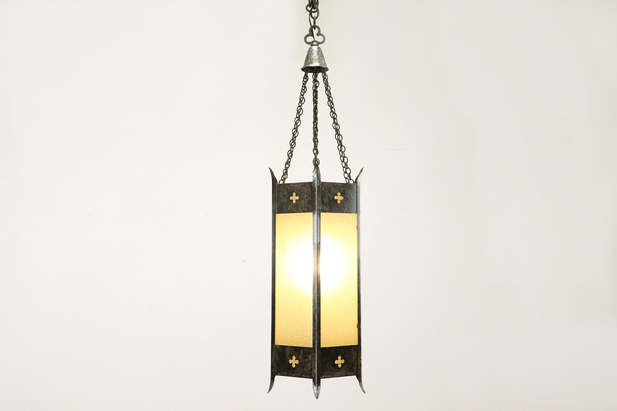 Gothic Antique Hexagonal Light Fixture Stained Glass Church Salvage
