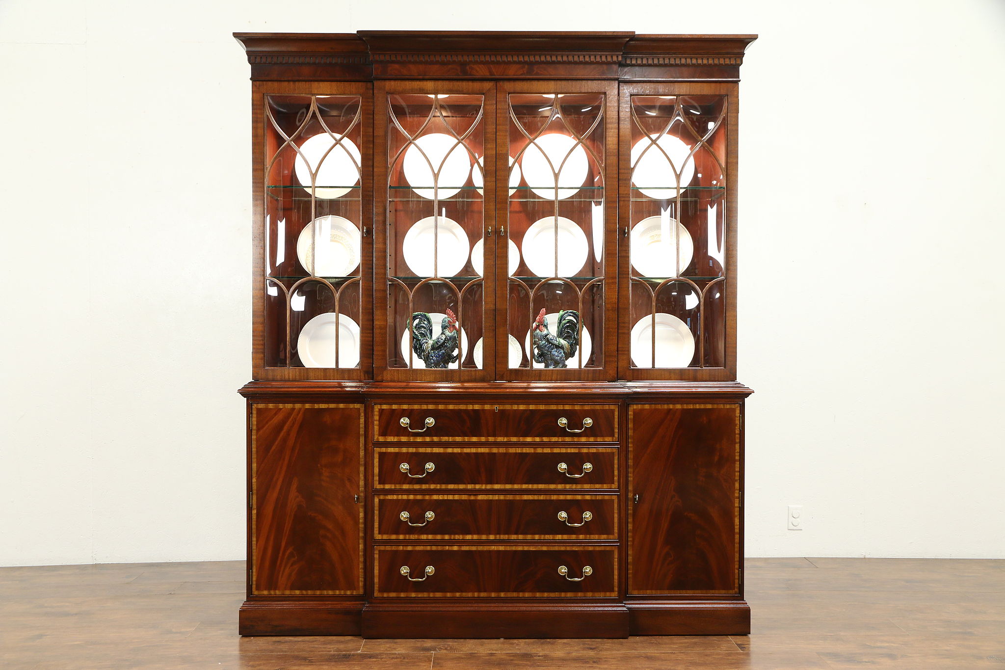 Sold Georgian Breakfront Vintage China Cabinet Banded Mahogany