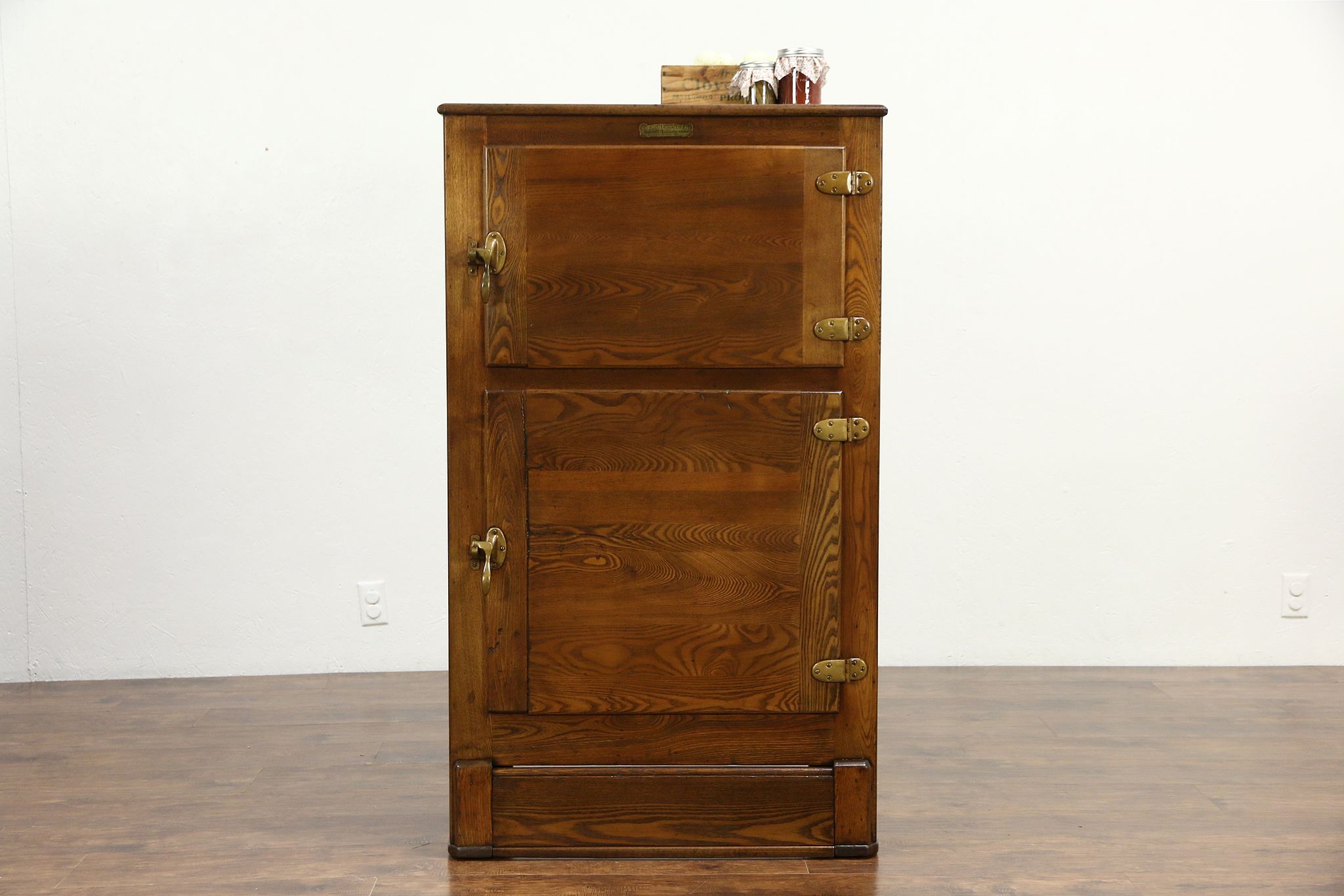 Oak 1910 Antique Kitchen Pantry Ice Box, Signed Rhinelander Refrigerator, WI