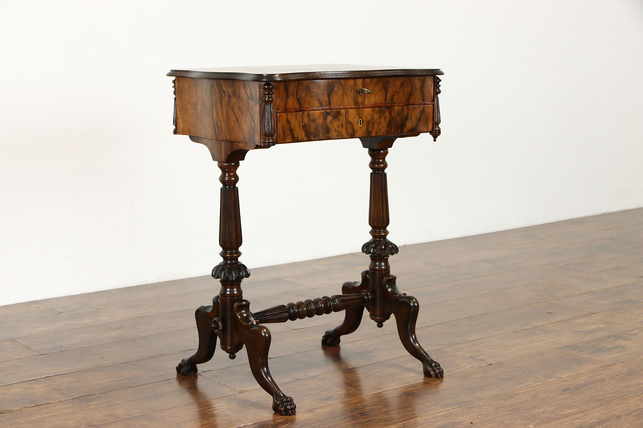 Antique Oak Folding Sewing Table With 3 Drawers