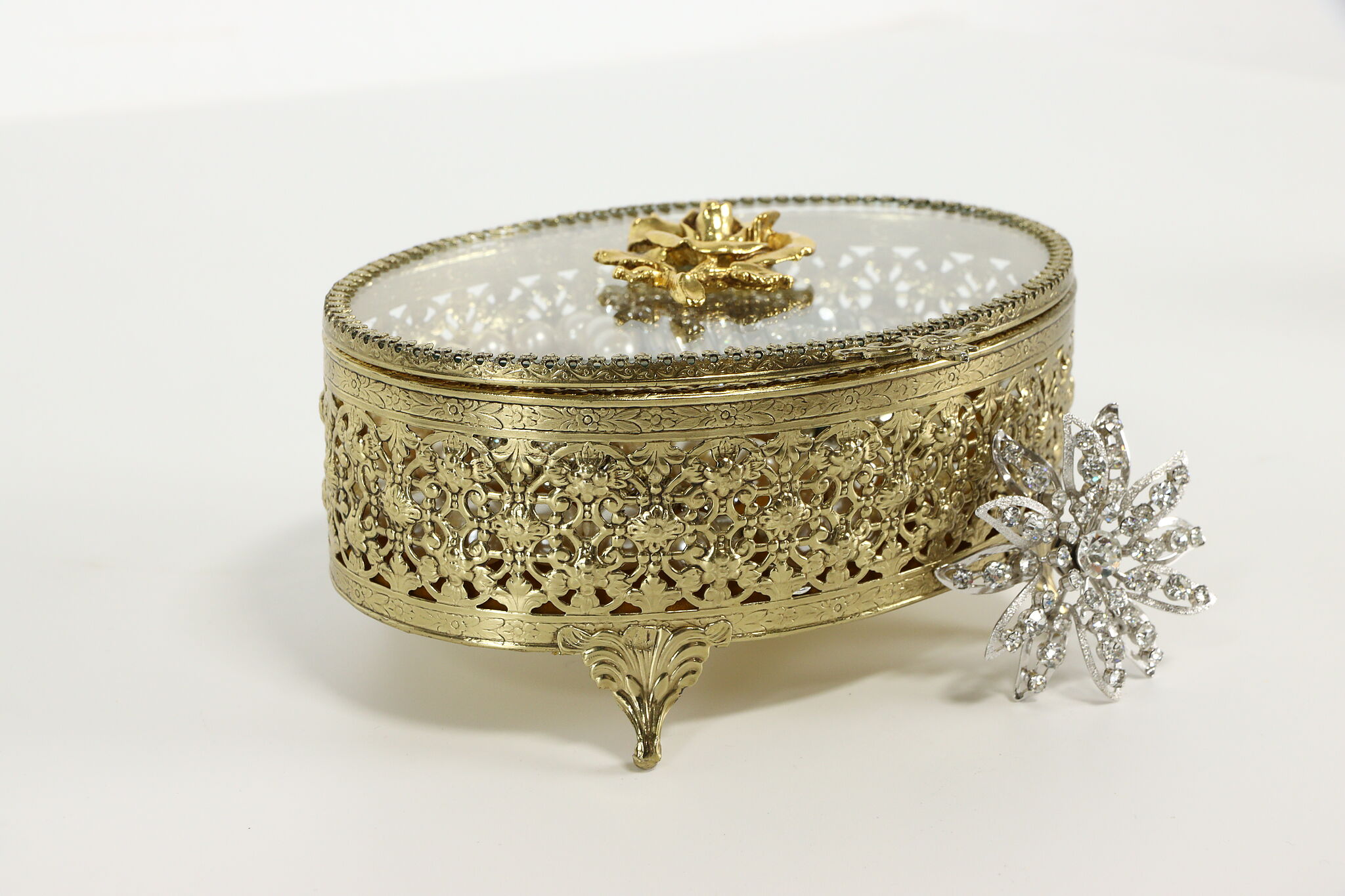 Gold Plated Filigree Vintage Jewelry Box, Glass & Velvet