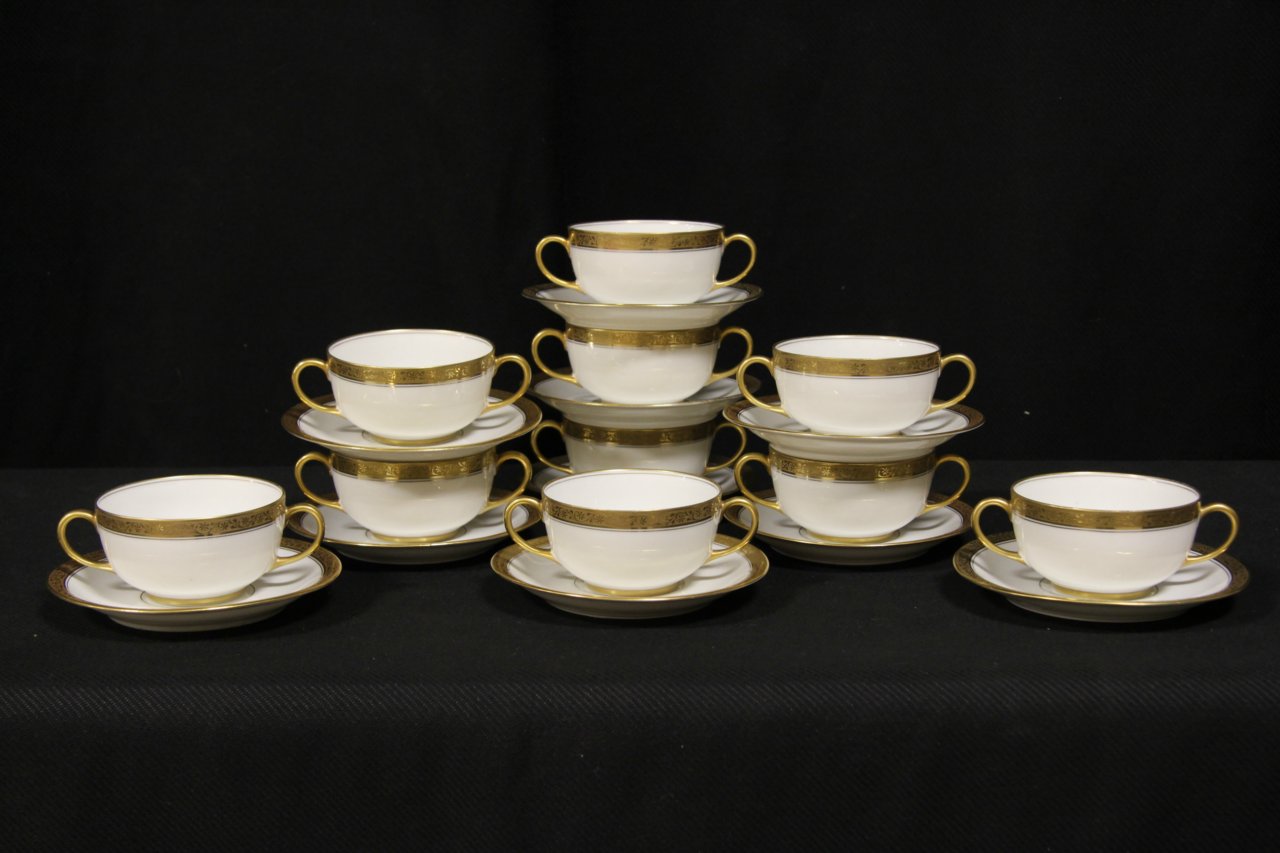 Set of 10 Limoges Gold Band China Double Handle Soup Cups & Saucers