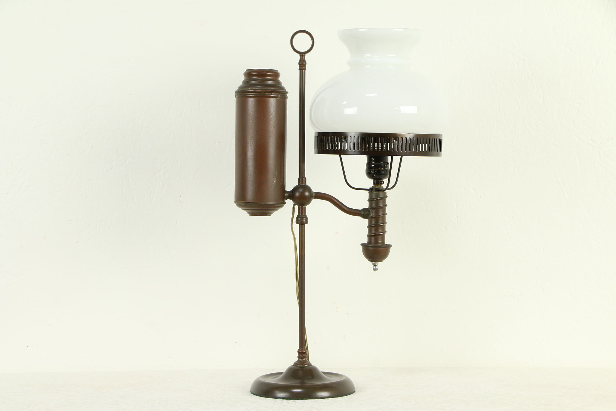 Victorian Brass Antique Student Desk Lamp Electrified Milk Glass