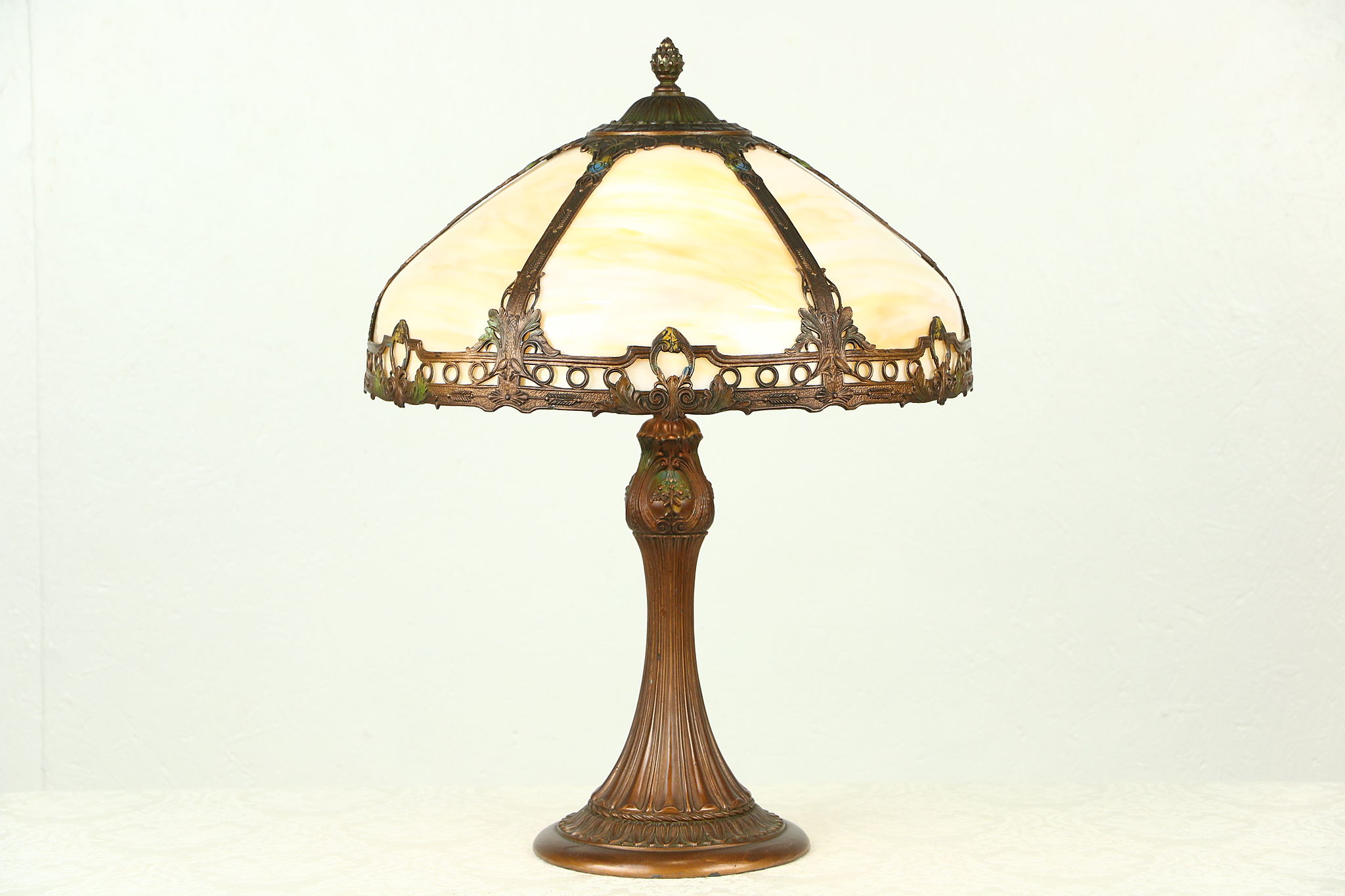 Hand Painted 1915 Antique Lamp, Stained Glass Curved Panel Shade