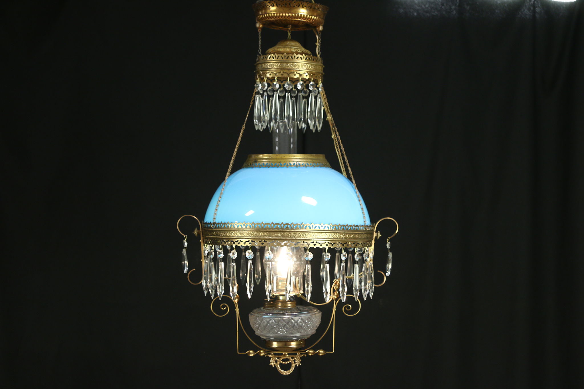Victorian Antique Hanging Lamp Or Chandelier Blue Art Glass Shade