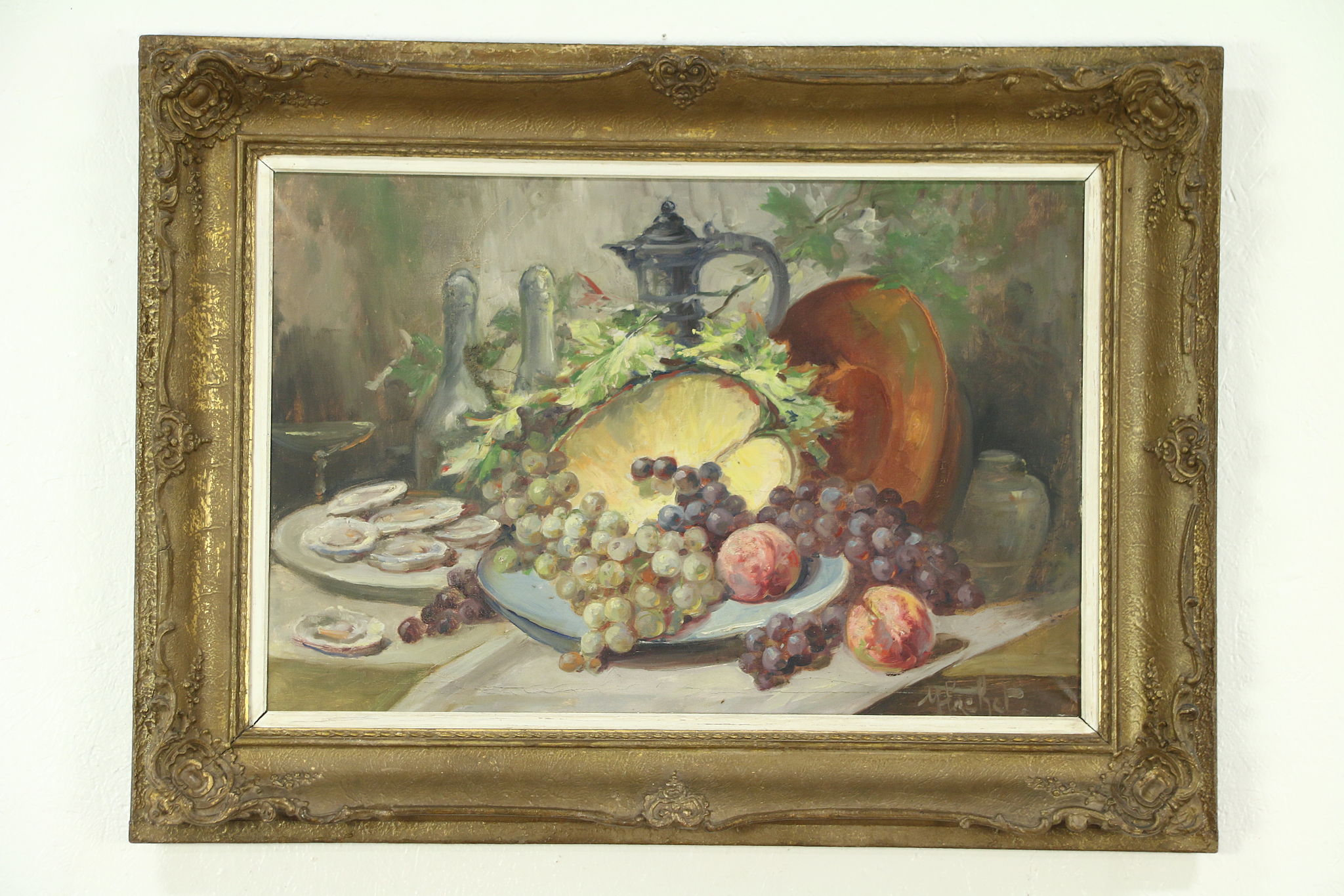 Still life Fruits vegetables France Antique vintage french painting 1950s on panel with Frame