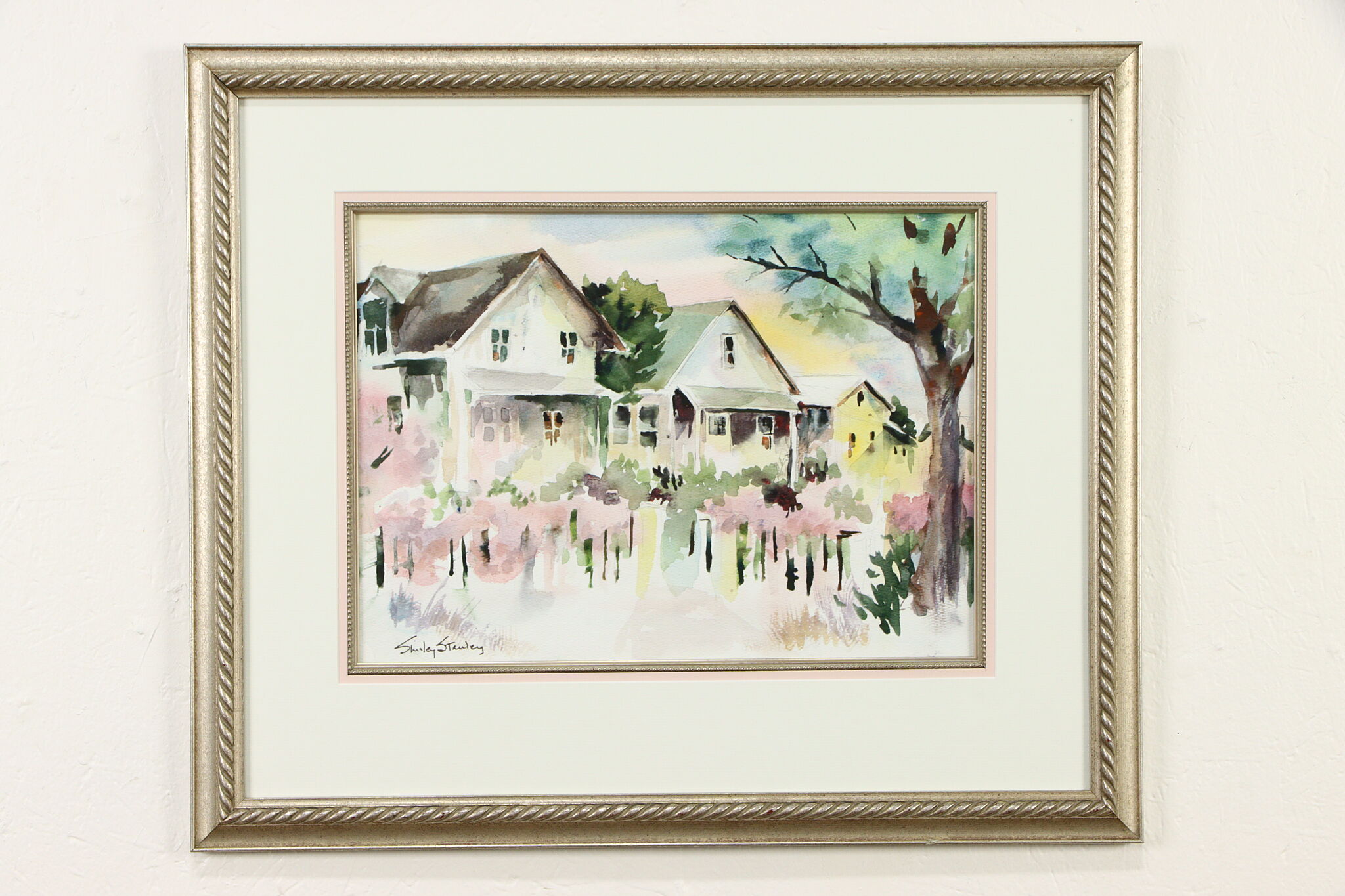 Flowering Trees & Houses Original Vintage Watercolor Painting Stanley 24  #36897