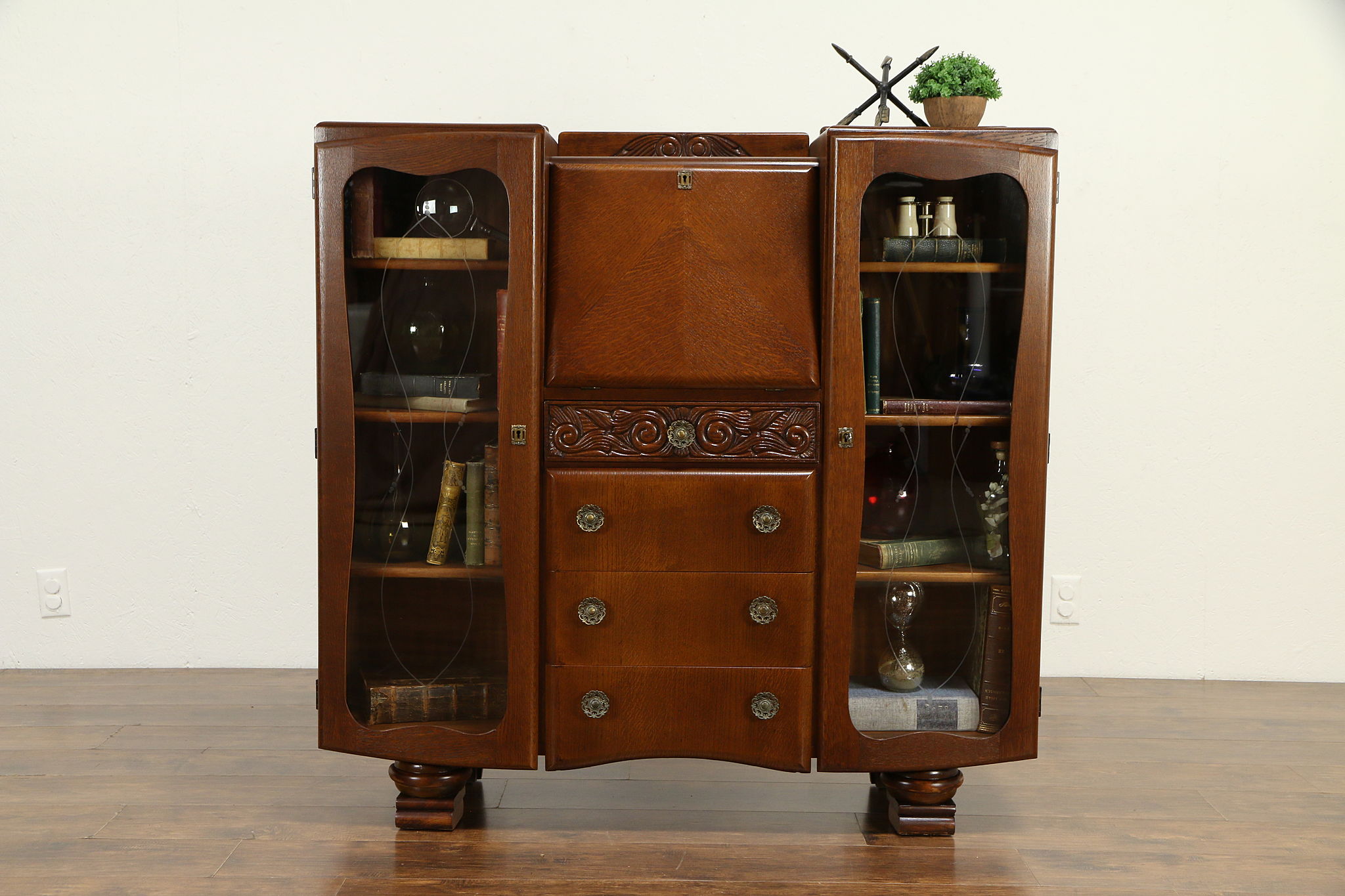 Sold English Art Deco Vintage Oak Secretary Desk Bookcase
