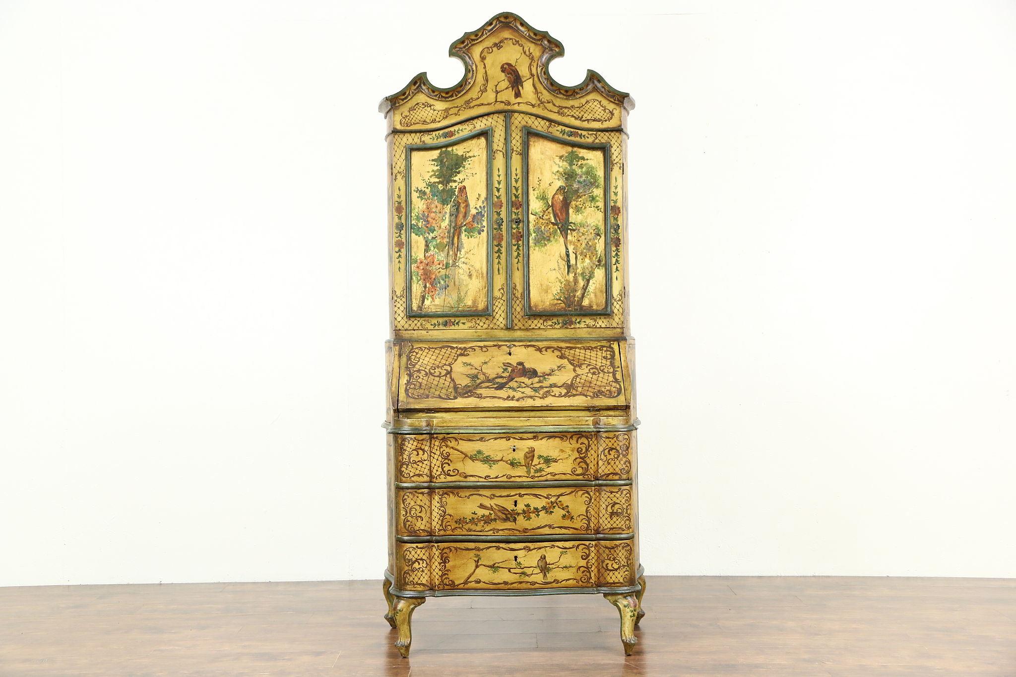 Sold Italian Antique Secretary Desk Hand Painted Birds Venice