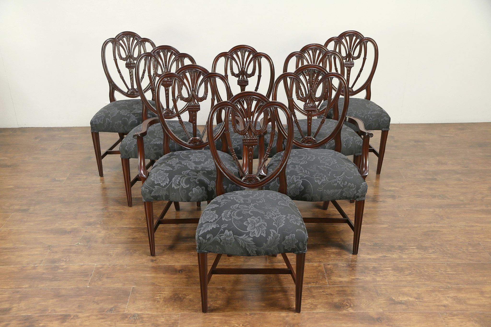 Sold Set Of 8 Shield Back Mahogany Vintage Dining Chairs New Upholstery 30150 Harp Gallery Antiques Furniture