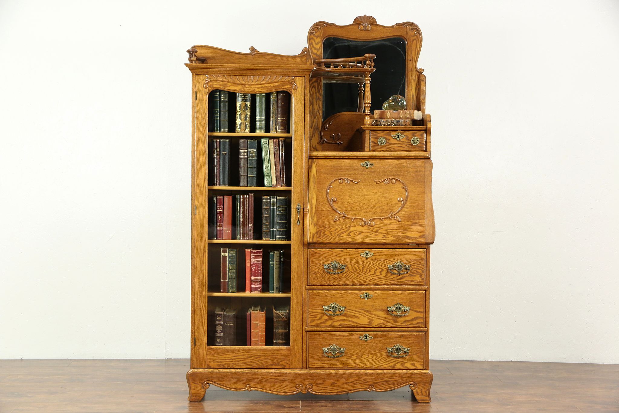 Victorian Carved Oak Antique 1900 Side, Side By Side Secretary Bookcase