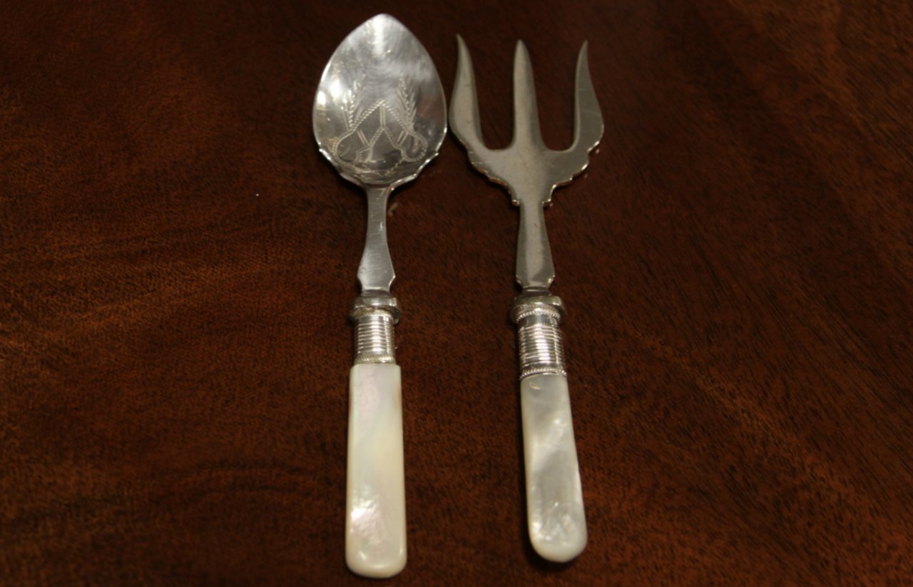 Pearl Handle 1900 Antique Silver Serving Spoon Fork