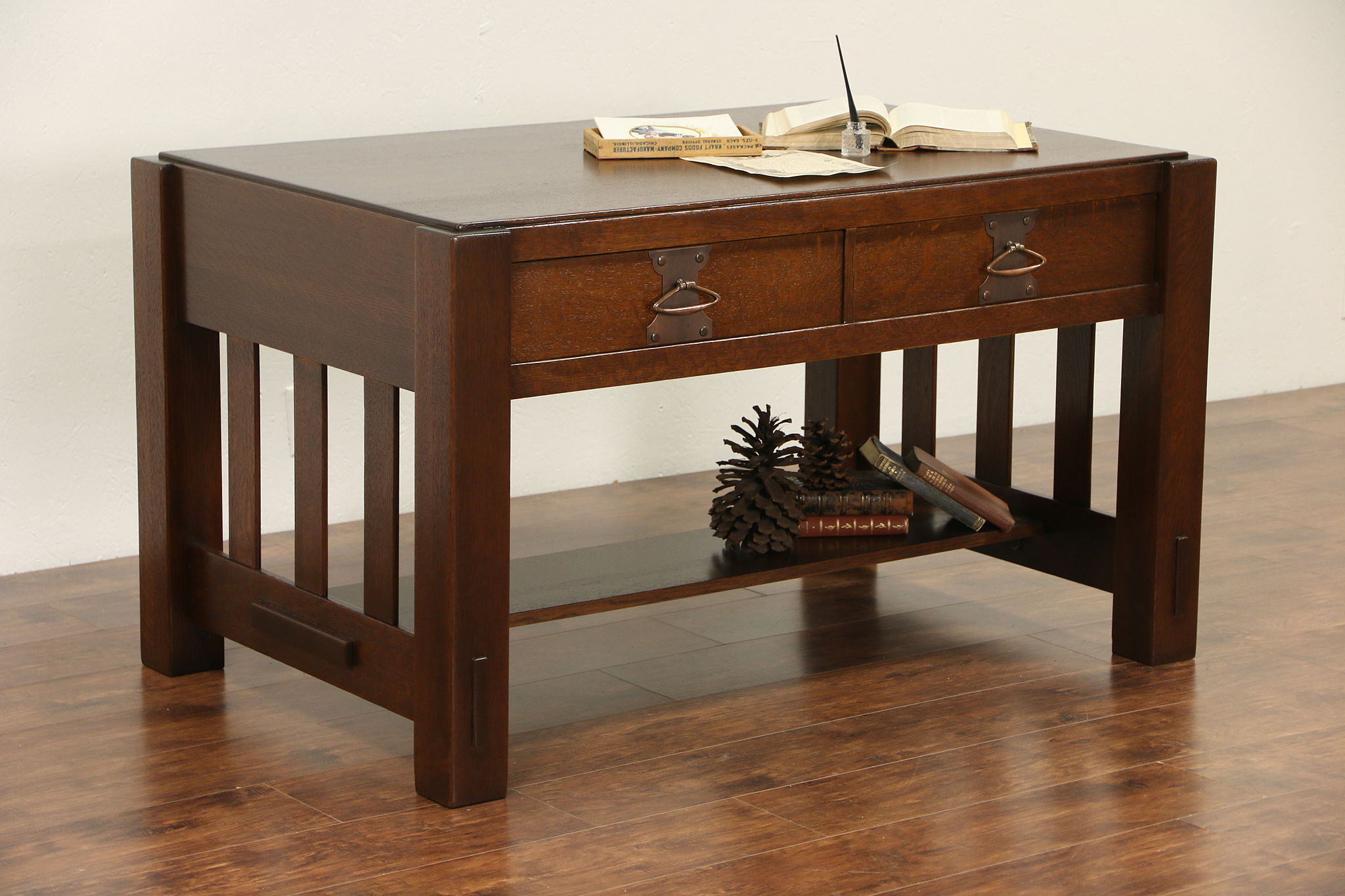 Arts & Crafts Mission Oak 1905 Antique Library Table, Original Hardware