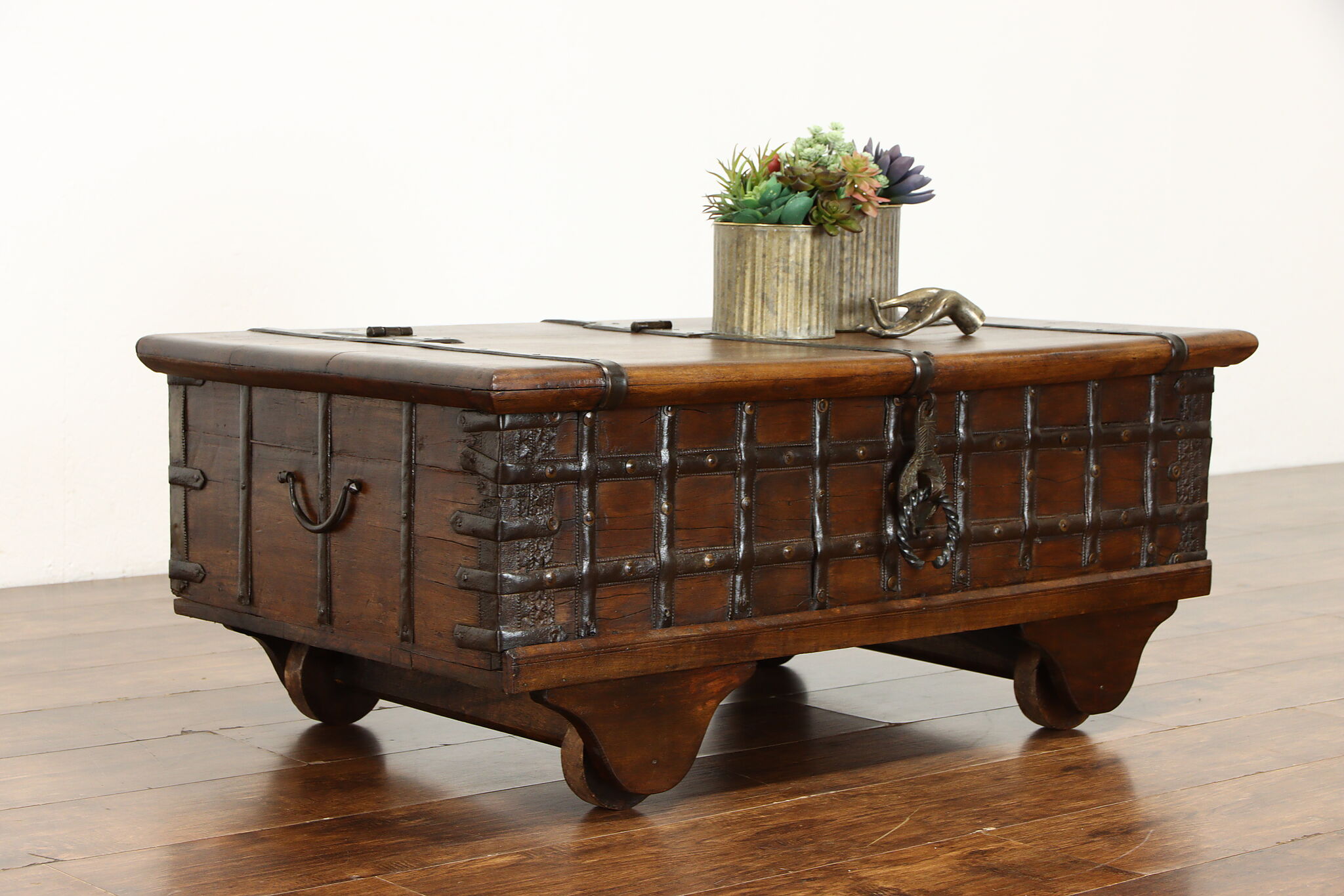 Asian Teak Marriage or Dowry Trunk, Blanket Chest, Coffee Table, Wheels