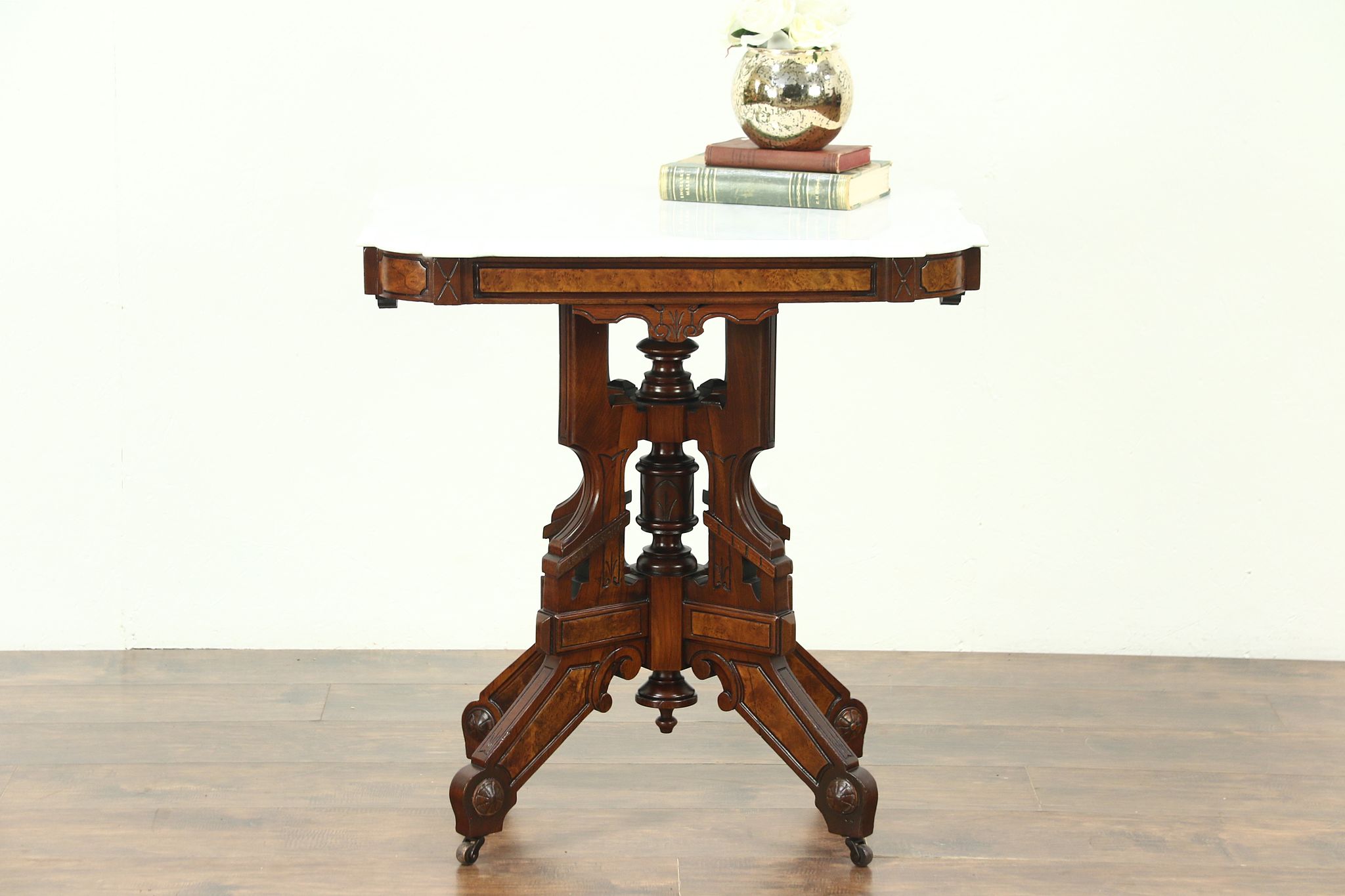 Details about   Antique Marble Top Rolling Carved Wood Parlor Table Victorian Eastlake Style 