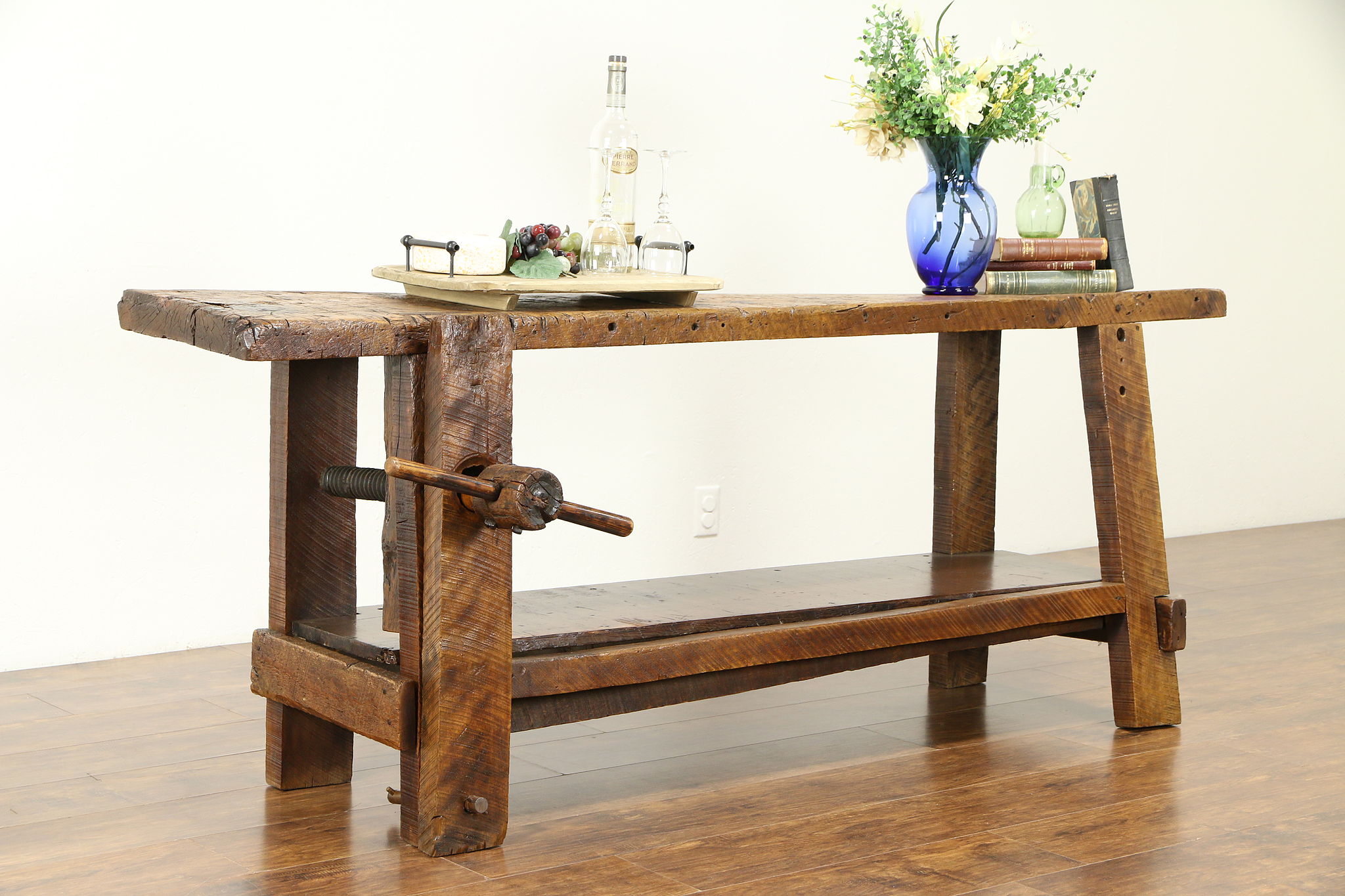 Primitive Antique Carpenter Workbench, Hall, Sofa, Wine Table, Wood Screw