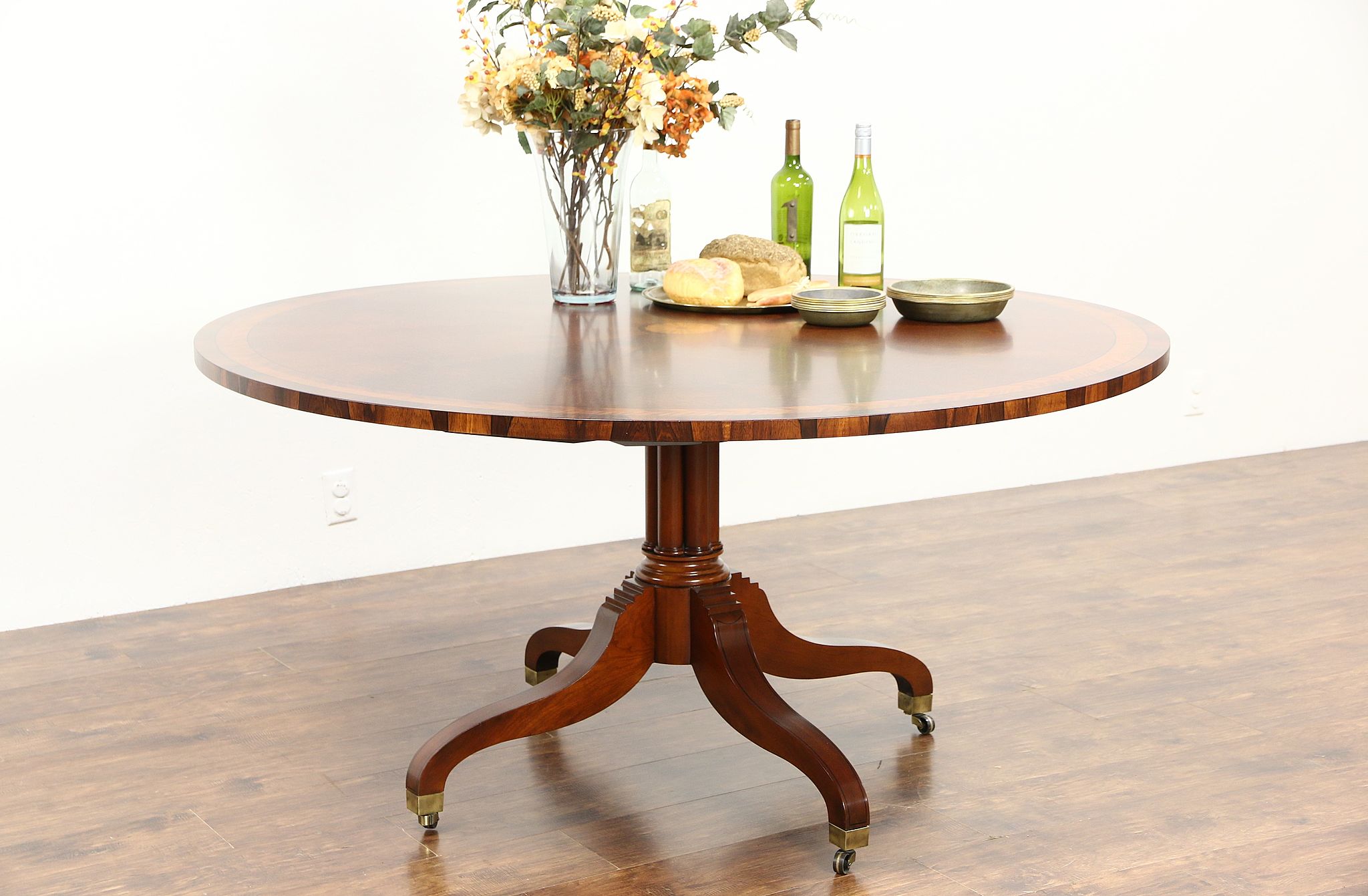 Sold Round Sunburst Banded Vintage 5 Dining Table Mario Buatta For John Widdicomb Harp Gallery Antiques Furniture