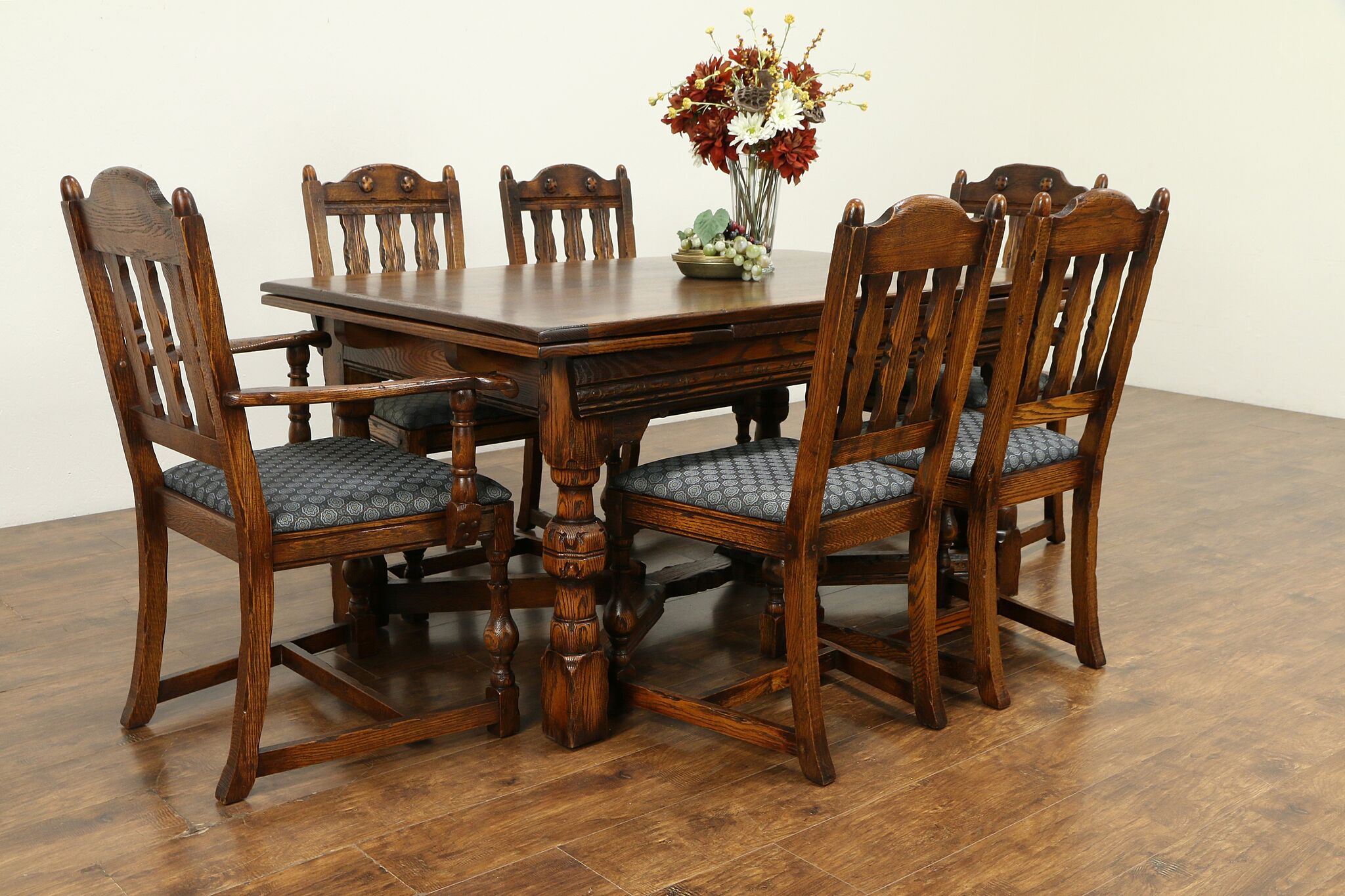 Sold Oak English Tudor Antique 1920 Dining Set Table 2 Leaves 6 Chairs 35295 Harp Gallery Antiques Furniture