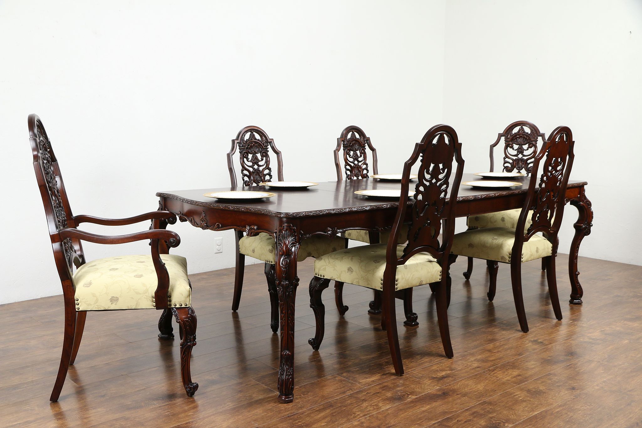 Sold Carved Vintage Dining Set Table 6 Chairs New Upholstery Romweber 30821 Harp Gallery Antiques Furniture