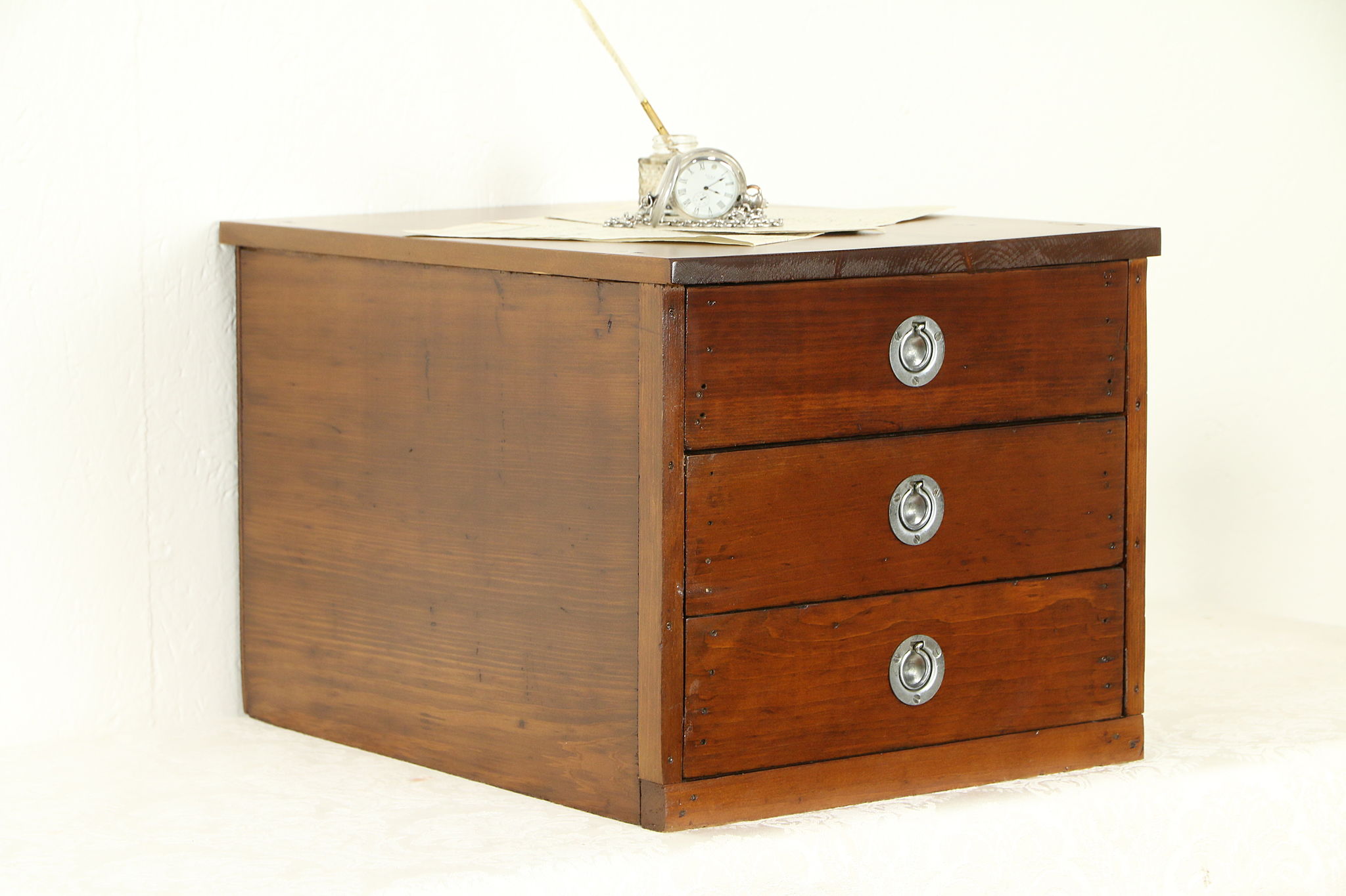 Sold Pine Antique Desktop 3 Drawer File Or Collector Cabinet
