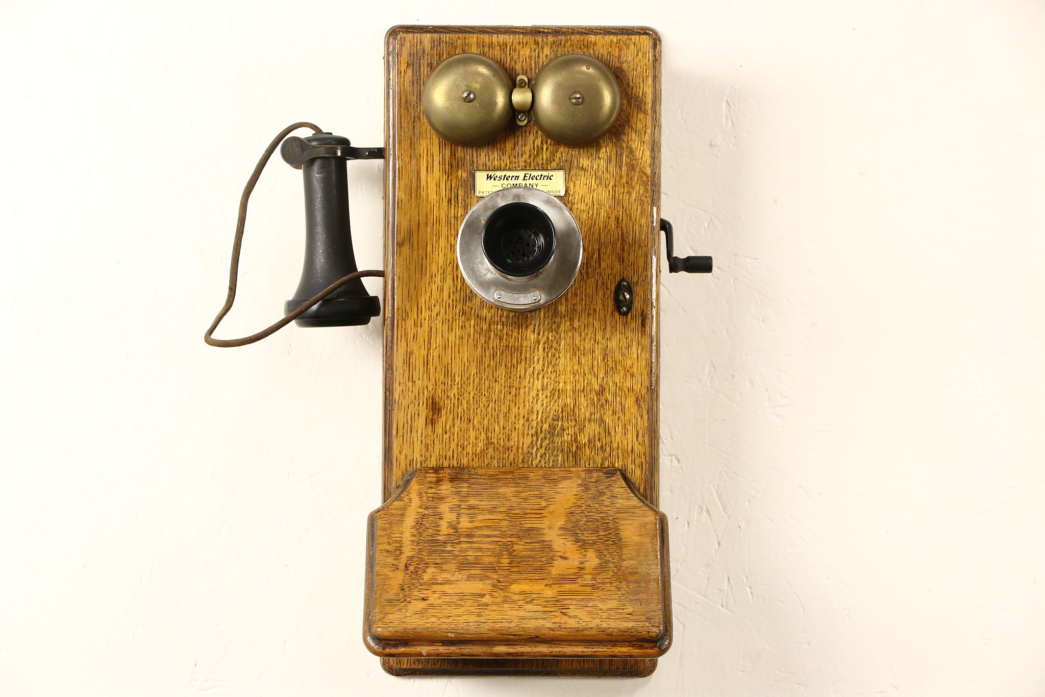 Sold Oak Western Electric Signed Antique Wall Phone Crank Generator Pat 1913 Harp Gallery Antiques Furniture