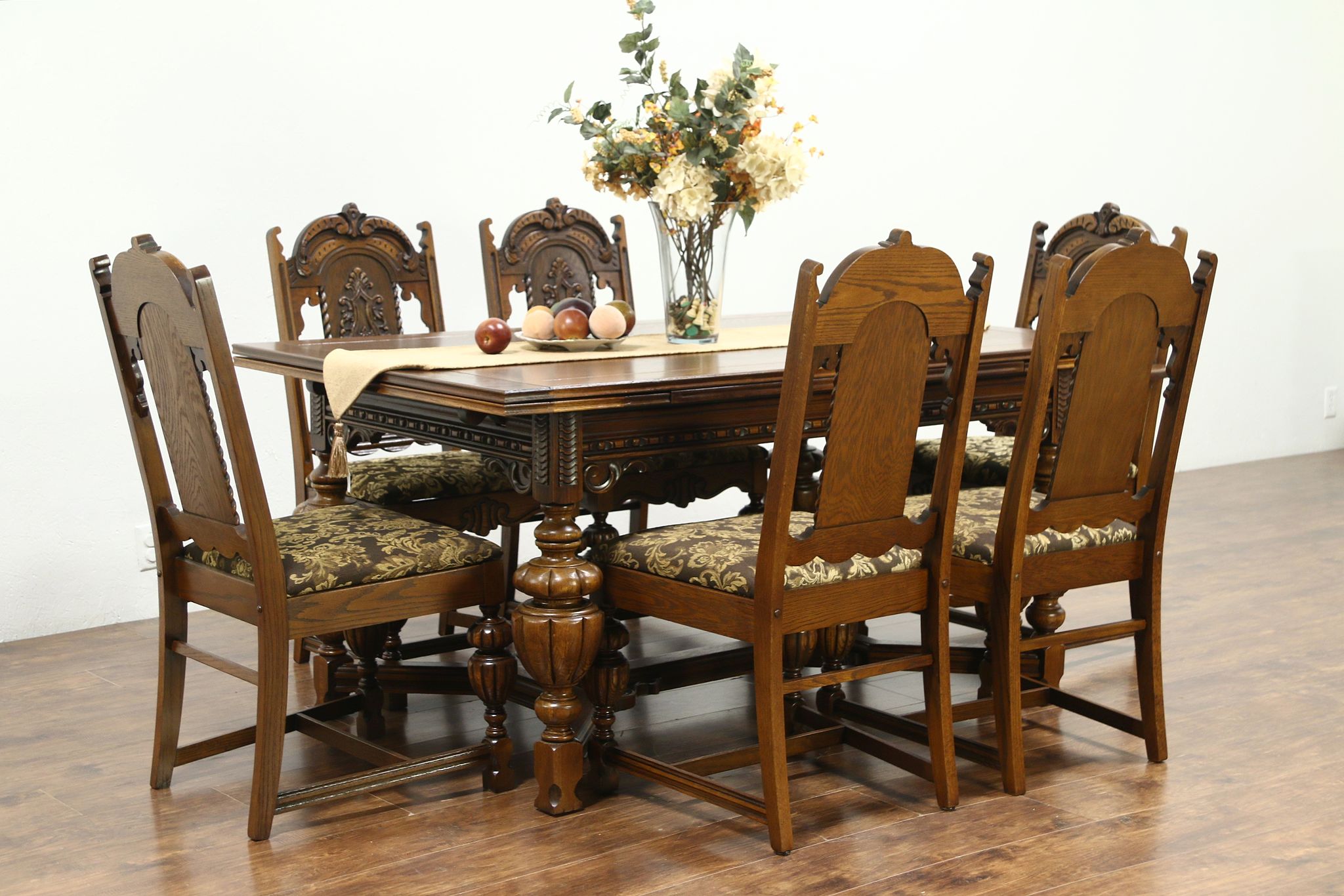 English Tudor Antique Carved Oak Dining Set Table 2 Leaves 6 Chairs