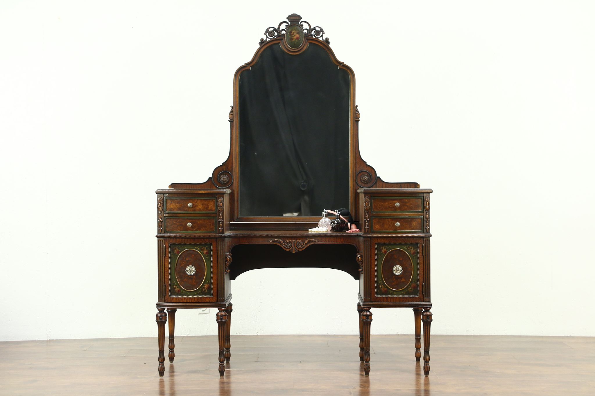 Vanity or Dressing Table with Mirror, Walnut, Painting, Berkey & Gay #28579