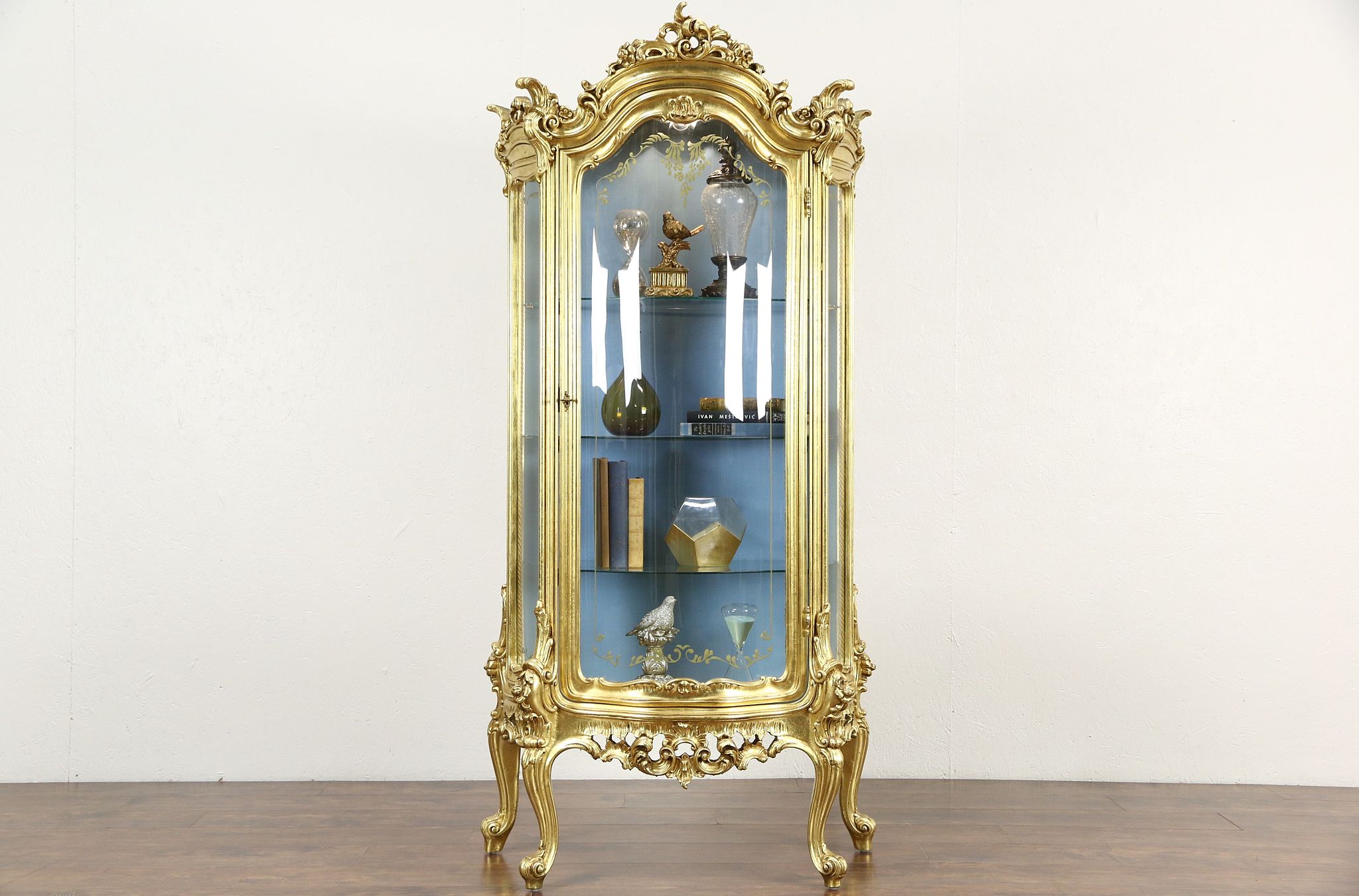 Sold Gold Leaf Baroque Curved Glass Vintage Curio China Display