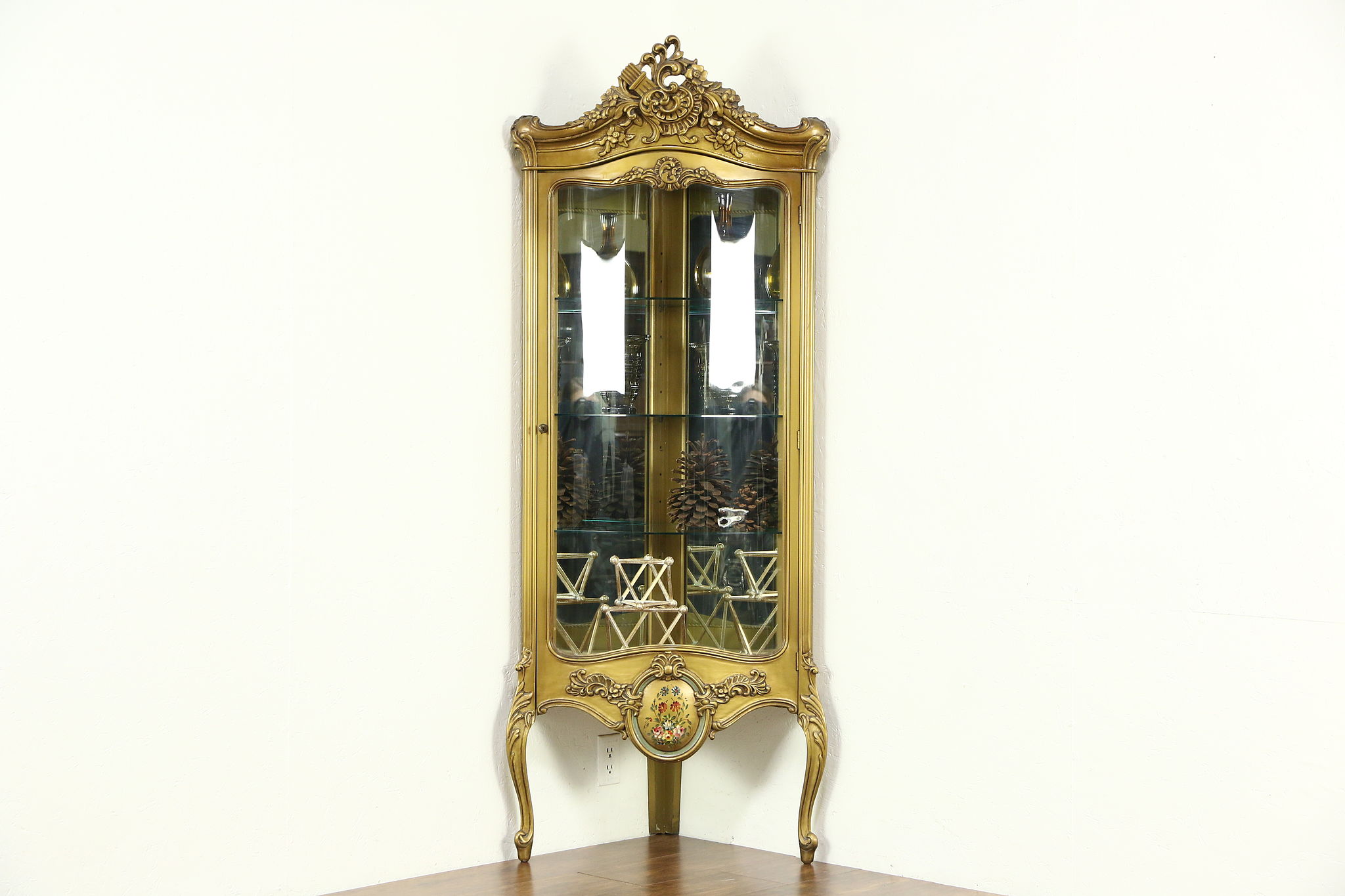 Sold Corner Vintage Curved Glass Curio Or China Display Cabinet