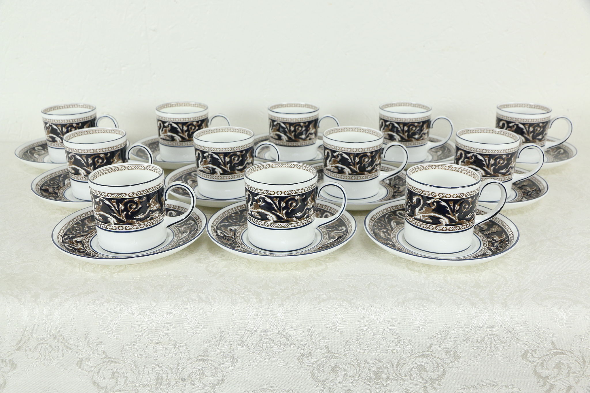 Wedgwood Cobalt Blue Florentine Pattern Set 12 Demitasse Cups & Saucers