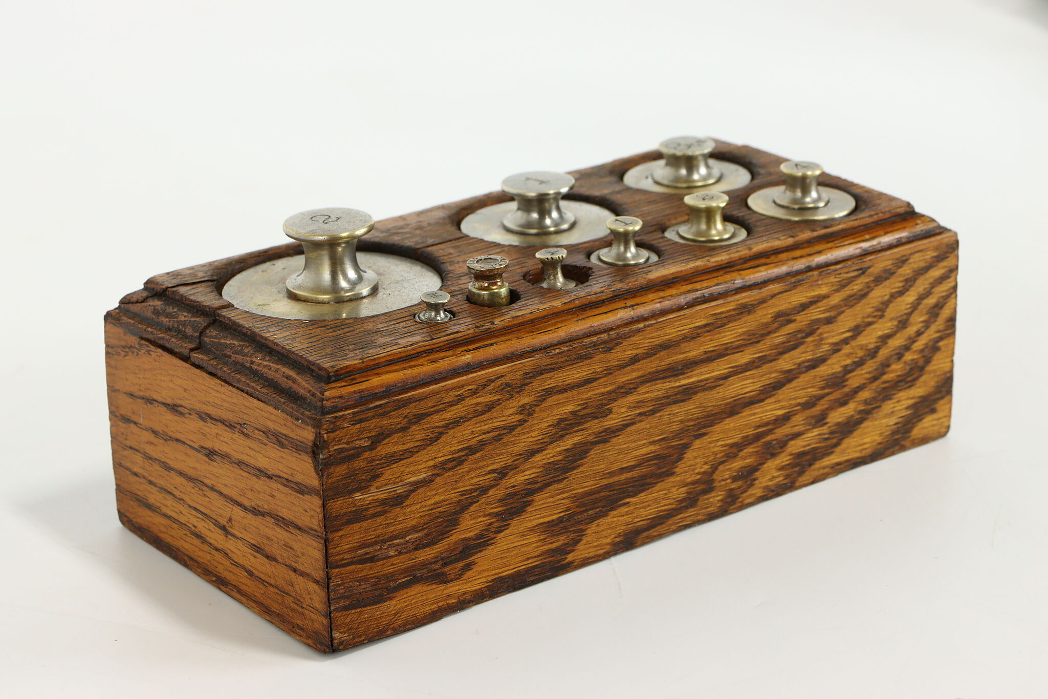 Brass Antique Scale Weight Set, Oak Box