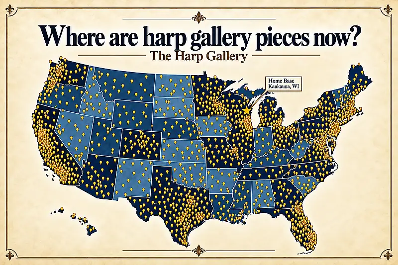 Where Harp Gallery Pieces Have Found a Home Map of the United States showing locations where Harp Gallery antique and vintage furniture pieces have found homes since 2018.