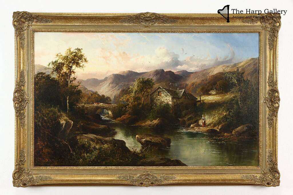vintage painting of river, brick home and hills