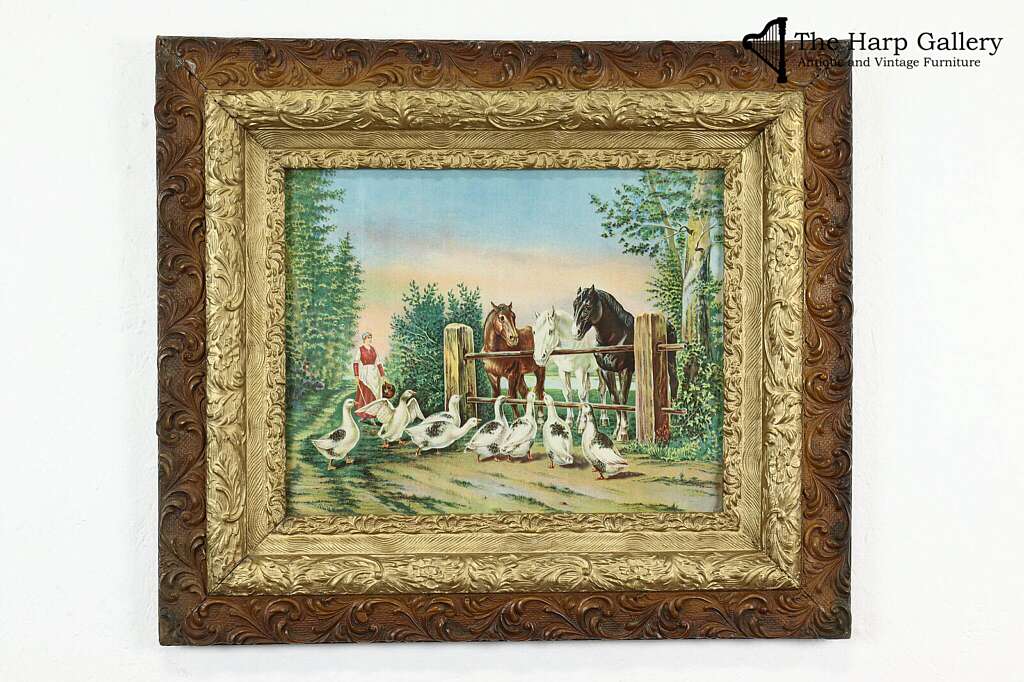 antique still life painting of trees and horses