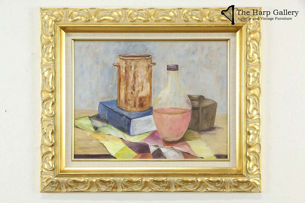 Victorian painting of a bottle of drink and book on table