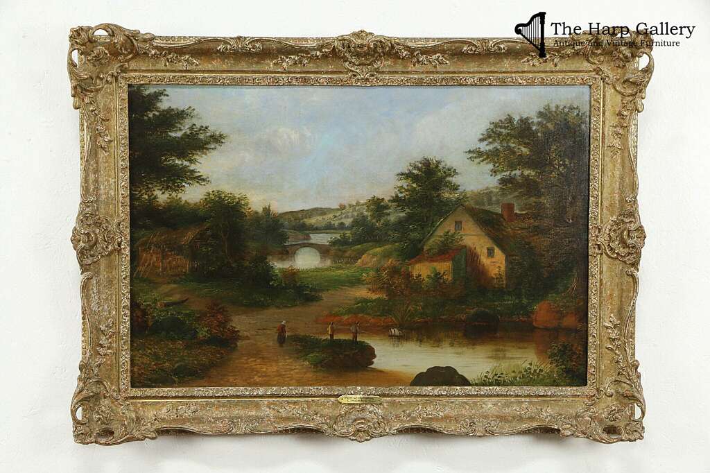 antique painting of trees and home