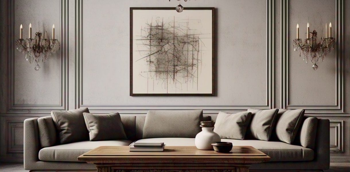modern couch with antique coffee table