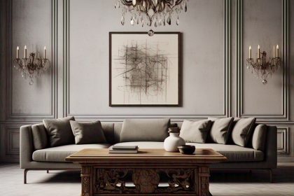 modern couch with antique coffee table