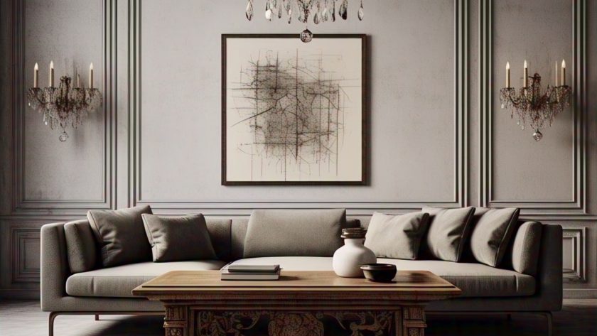 modern couch with antique coffee table