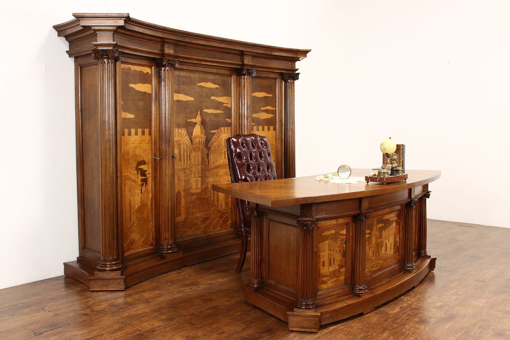 Restored antique architectural cabinet and executive desk with decorative wood inlay