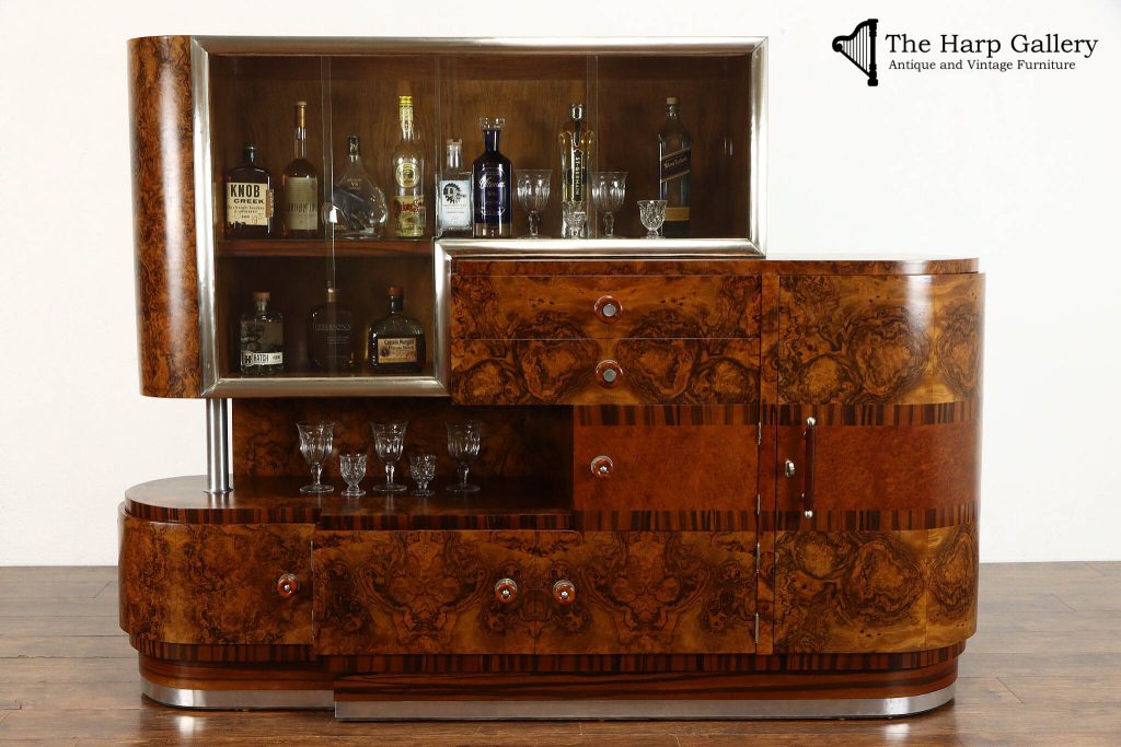 Restored Art Deco burl wood bar cabinet with polished wood veneer