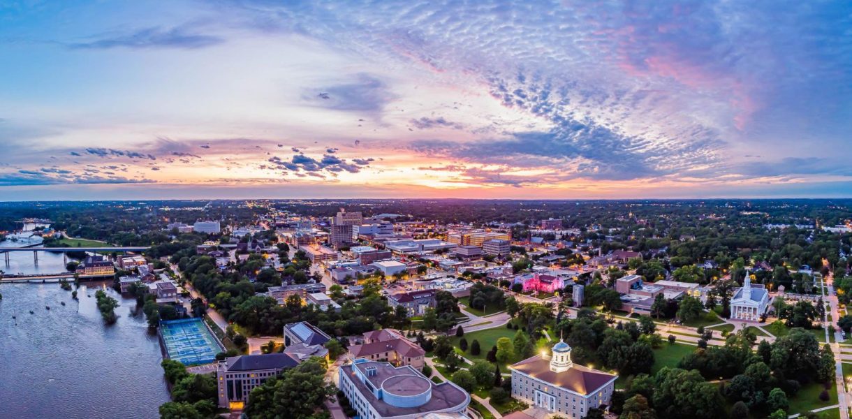 Aerial view of Appleton Wisconsin and the Fox River at sunset