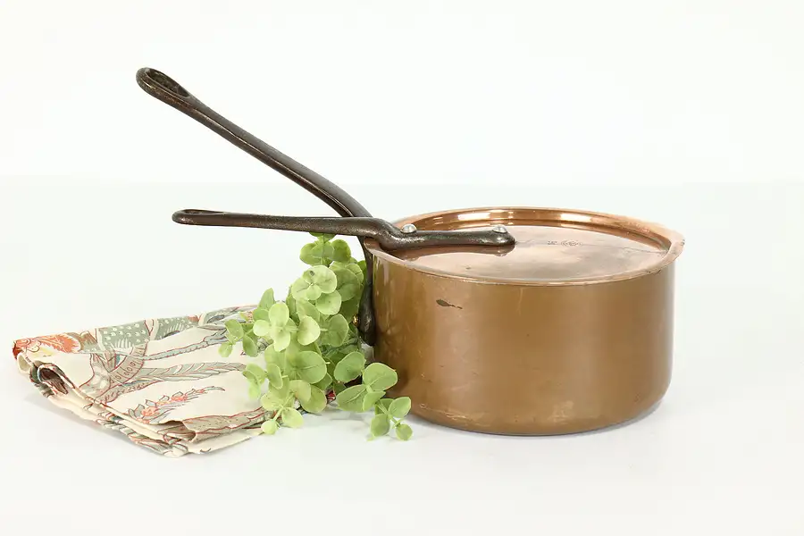 Main image of French Farmhouse Antique Solid Copper Pot with Lid, Cordon Bleu