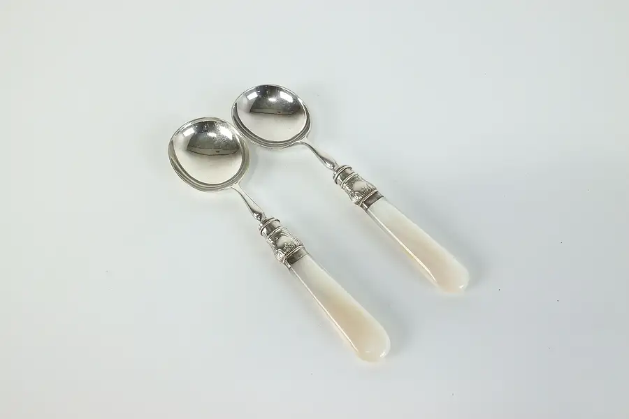 Main image of Pair of Silverplate Antique English Pearl Handle Serving Spoons