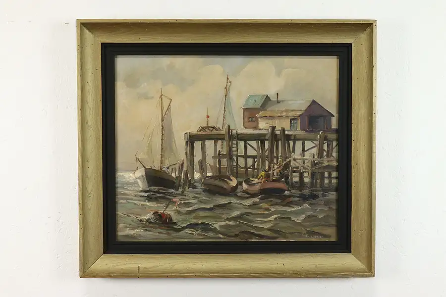 Main image of Fisherman Returning to Dock Original Vintage Oil Painting, Unterzuber 31"