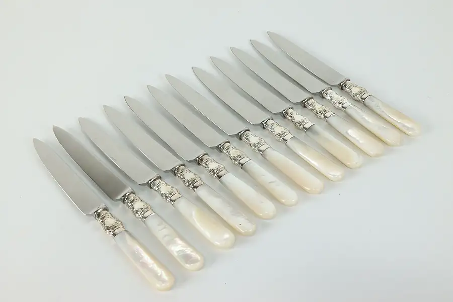 Main image of Set of 12 Silverplate & Mother of Pearl Handle Fruit or Cheese Knives